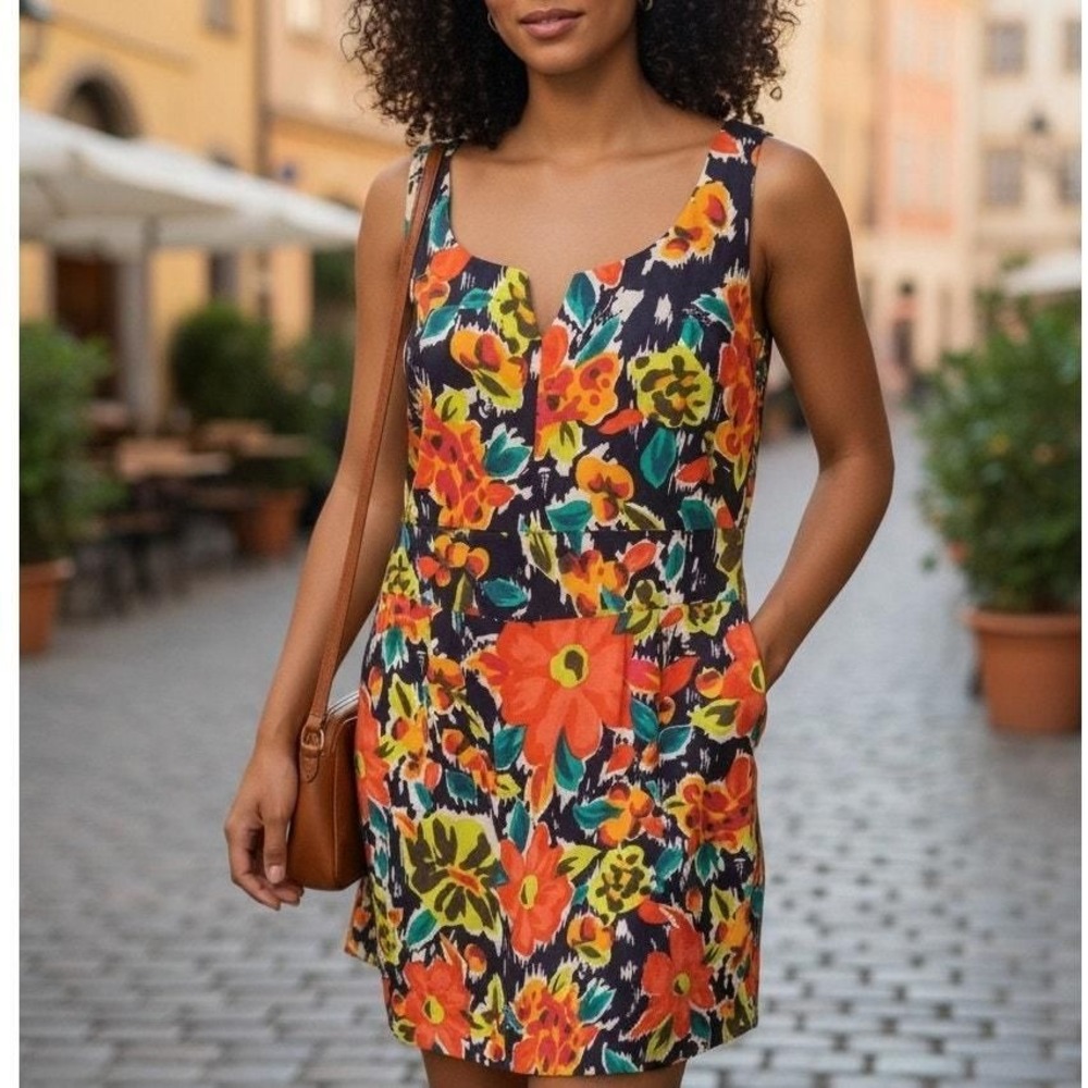 Phoebe Floral Dress Multicolor Sleeveless Zip Up Silver Hardware Sz 12